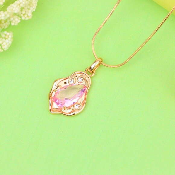 "Delicate Pink Teardrop Pendant in Gold Plated Artistic Frame, XPPT1730 - Picture 10 of 13